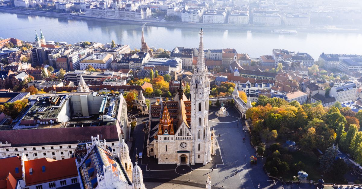 Stunning aerial view of Matthias Church and the Danube River in Budapest, Hungary.